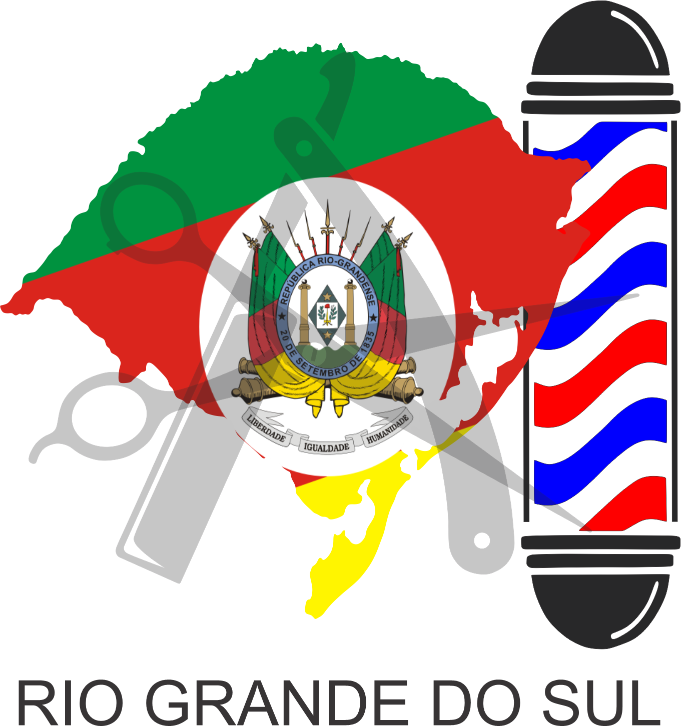 Bandeira do Rio Grande do Sul sobre um esquadro e compasso